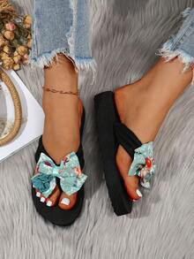 女士一脚蹬平底凉鞋，带花卉图案蝴蝶结 - 透气面料鞋面和柔软 EVA 鞋底，适合海滩、休闲穿着 - 舒适的夏季拖鞋、沙滩鞋、沙滩鞋 - 彩色 - 查看 3