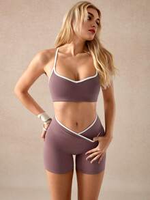 NcmRyu Women's Sexy Solid Color Workout Fitness Sports Outdoor Suit Set - Purple - View 4
