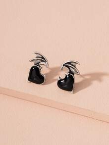 1 Cặp Hoa tai đinh tán hình trái tim bằng hợp kim tráng men màu đen theo phong cách Gothic cổ điển, phù hợp với trang phục hàng ngày của phụ nữ, trang sức hộp đêm, hoa tai bộ xương Halloween, quà tặng Halloween, trang sức Halloween - màu đen - Xem 3