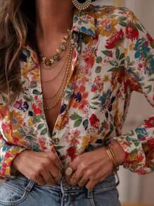 Camisa casual solta, de manga longa, com estampa floral elegante, de temperamento de férias, para mulheres plus size