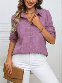 女士经典纯色单排扣休闲衬衫，时尚宽松长袖衬衫，适合春夏季