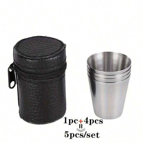 5 Stücke/Set, 30ml tragbare Edelstahl Tassen Set für Outdoor Reisen und Partys, beinhaltet Whiskey Becher, perfekt für Picknicks und Veranstaltungen, Camping Ausrüstung, Camping Zubehör, Picknick, Küchen Zubehör