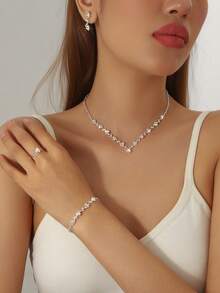 Multi-Piece Set Of Minimalist Crystal Water Drop Shaped Necklace And Earrings Jewelry Set, Suitable For Women Wedding, Birthday, Anniversary Events - Silver - View 2