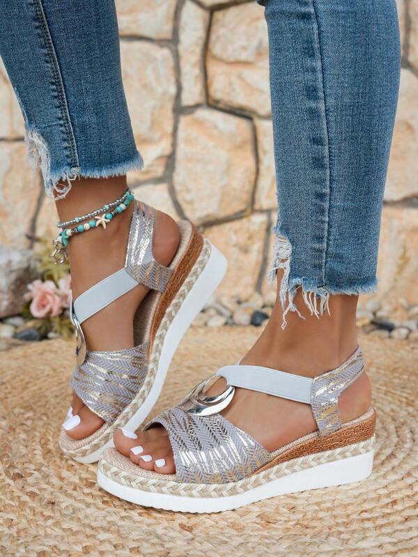 Women'S Stylish Metal Ring Sandals With Thick Wedge Heel - Comfortable Ankle Strap Sandals, Open Toe, Slip-On Design, All-Season Footwear, Summer Fashion Sandals Strappy Sandals Rubber Sole