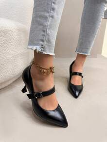 Plus Size Women's Solid Color High Heel Shoes With Buckle, Fashionable Pointed Toe Work Shoes, All Season - Black - View 1