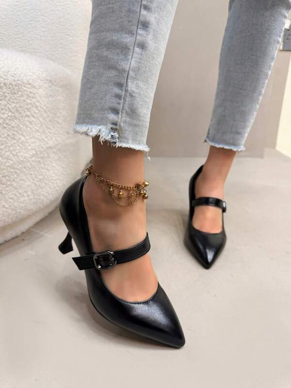 Plus Size Women's Solid Color High Heel Shoes With Buckle, Fashionable Pointed Toe Work Shoes, All Season