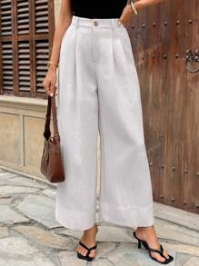 Solid Color Pocket Zipper Button Front Pleat Back Pockets Oversized Leg Pants