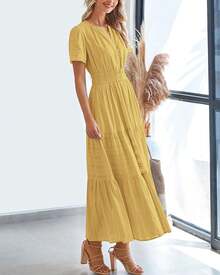 Women's V-Neck Cotton Midi Dress With Pocket - Màu vàng - Xem 4