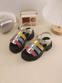 Girls' Outdoor Sandals, Summer New Round Toe Contrast Color Thick Sole Design, Anti-Slip, Fashionable & Elegant, Children Beach Roman Sandals - Black - View 3