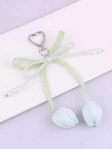 1pc Flower Ribbon Decor Chain Heart Shape Clasp Pearl Tulip Keychain For Women, Bag Charm - Multicolor - View 8