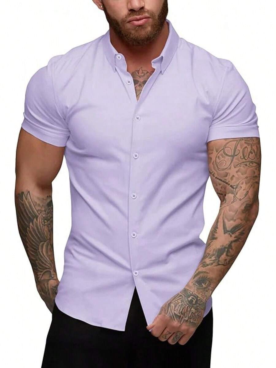 Men's Muscle Dress Shirts Slim Fit Stretch Short Sleeve Casual Button Down Shirts For Men-20256688 - Light Purple - View 1