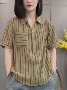 女士条纹印花口袋短袖休闲衬衫，适合夏季 - 芥末黃 - 查看 4
