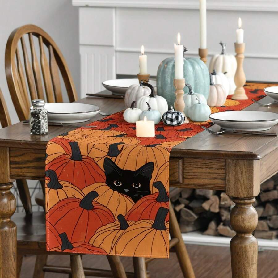 1pc/1set Black Cat & Pumpkin Linen Table Runner, 12*18 Inches/13*72 Inches Seasonal Kitchen Dining Table Decoration Tablecloth, Home Decor, Suitable For Parties, Gatherings, Family Dinners, Autumn - Multicolor - View 1