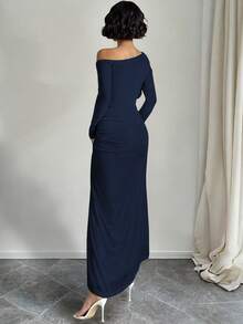 Ween Lady Sexy Slit Off Shoulder Dress - Navy Blue - View 3