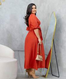 Aurora Boho Midi Dress With 3/4 Sleeves Godet Christian Fashion - Naranja Quemada - Ver 3