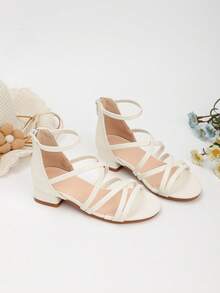 1 双夏季新款时尚高跟公主凉鞋，适合小女孩，学生舞蹈表演鞋，花朵和珍珠装饰罗马高跟鞋，适合婚礼、派对、日常穿着 - 白色 - 查看 4