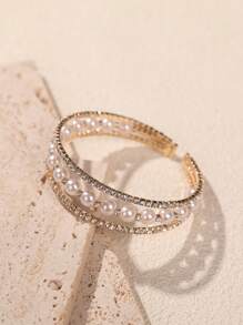 1 pièce Bracelet élastique avec 3 rangs de cristaux artificiels et de perles, de conception européenne et américaine, élégant pour les mariées et les mariages