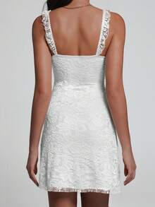 Elegant Fashion Ruffle Strap Bow Knot Lace Patchwork Sleeveless Fitted Mini Slip Dress - White - View 2