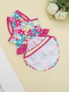 1件宠物狗荷叶边印花连衣裙，适合日常穿着，夏季游泳和摄影，清爽可爱 - 彩色 - 查看 3