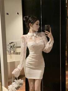 One-Piece Dress For Women, Short Sleeves, Short Length, Summer Slim Look, Fashionable, Gentle Style, White - 白色 - 查看 2