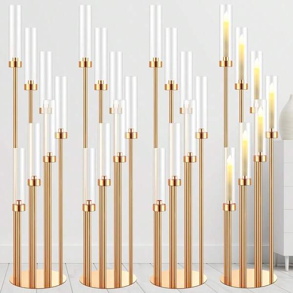 Set de 2 o 4 candelabros de metal dorado de varios brazos - Candelabros de pie altos, adecuados para decoración de Navidad, boda, hogar, fiesta de Halloween