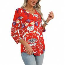 XIEERDUO 3/4 Length Sleeve Womens Tops Dressy Casual Blouses For Women 2025  V Neck T Shirts Summer Clothes - Z 紅色印花 - 查看 4