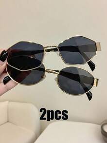 1/2 副几何椭圆形 Y2K 夏季时尚眼镜，复古金属框架男女通用眼镜，适合日常通勤、海滩、度假、街头摄影、风格 - 彩色 - 查看 2