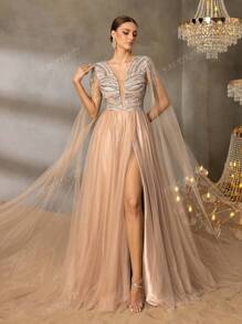 Faeriesty Faeriesty Luxurious Beaded Sequin Evening Gown – Plunging V-Neck With Bold Crystal Beading & Sheer Tulle Cape, Fluid A-Line Silhouette For Red Carpet Galas, Prom & Black Tie Affairs