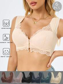6pcs Elegant Floral Lace Women'S Push-Up Bras - Wireless Front Closure, Soft Breathable Wide Shoulder Straps, Full Coverage & Jacquard Pattern, 6 Colors For Daily Wear, Home & Dates, Stylish Bras For Women, Seamless Support, Comfortable Strapless Bras - 彩色 - 查看 6