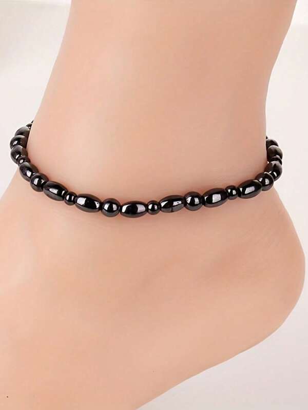 1pc Magnetic Anklets For Women, Elastic Adjustable Healing Gifts Anklet, Black Cylinder & Ellipse Design