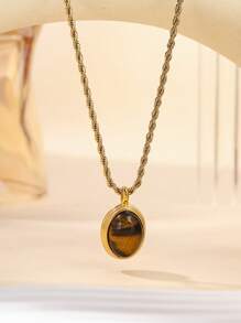 1pc Stainless Steel Gold Twisted Chain Necklace With Oval Tiger Eye Stone Pendant, Suitable For Women's Daily Decoration Or Gift