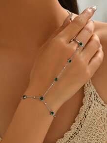 1 Stück stilvoller Edelstahl grüner Diamant-Herz-Ring & Finger Kette Armband Set, luxuriöser eleganter Party Feier Schmuck Accessoire für Frauen