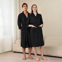 1 件时尚华夫格编织浴袍、情侣浴袍、和服长袍，配有柔软光泽口袋浴袍、浴袍、睡衣、浴巾、浴室、度假酒店水疗中心，非常适合淋浴或游泳后、露营和海边度假返校