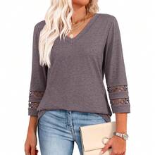 XIEERDUO 3/4 Length Sleeve Womens Tops Dressy Casual Blouses For Women 2025  V Neck T Shirts Summer Clothes - 咖啡灰 - 查看 1