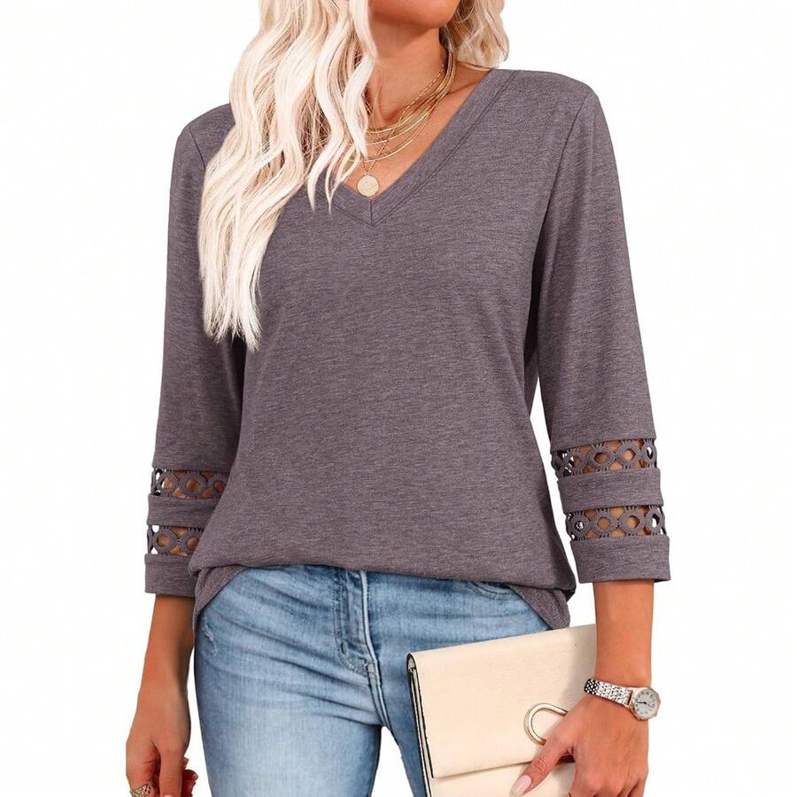 XIEERDUO 3/4 Length Sleeve Womens Tops Dressy Casual Blouses For Women 2025 V Neck T Shirts Summer Clothes - 咖啡灰 - 查看 1