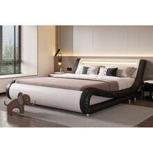 SHA CERLIN Full/Queen/King Size Upholstered Modern Bed Frame With LED Headboard, No Box Spring Needed, Strong Wood Slats Support, Easy Assembly, Black+White - Black and White - View 2