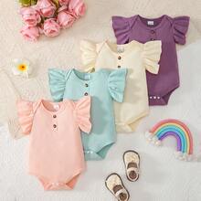 4pcs Baby Girls' Adorable Knitted Bodysuit With Flutter Sleeves, Casual & Sweet Style, Lightweight For Summer