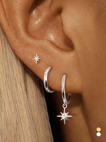 Set de 1/3 piezas de pendientes mini elegantes y de moda, pendientes de clip decorados con zirconia en forma de estrella, adecuados para festivales, vacaciones, fiestas, citas, regalos y uso diario - Multicolor - Ver 12
