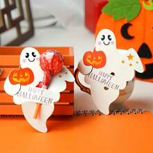50pcs Halloween Candy Decoration Paper Labels, Ghost Pumpkin Lollipop Biscuit Clip Cards, Trick Or Treat Halloween Party Home DIY Decoration Items, White