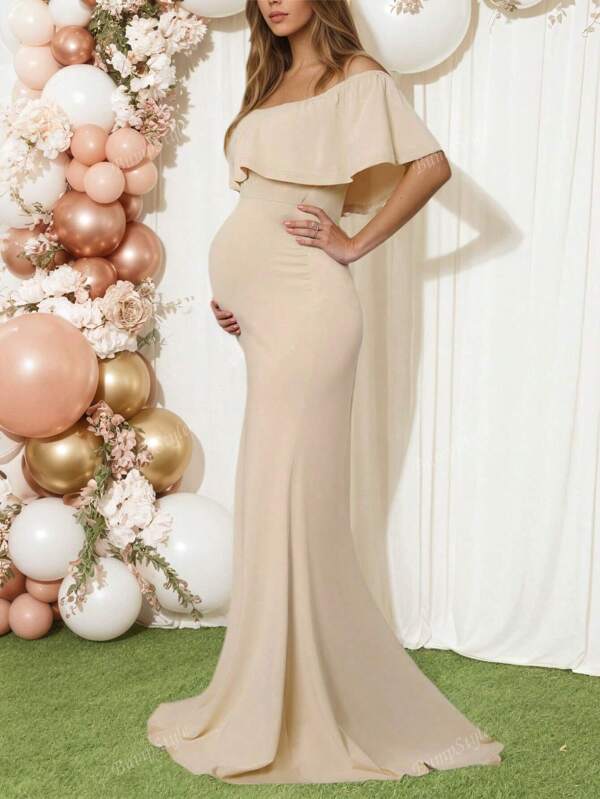 Pregnant Women Off-Shoulder Solid Color Elegant Knit Dress, Studio Portrait Dress (YY777)