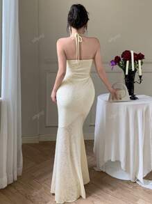 abyoxi Vestido de encaje con hombros descubiertos para primavera y verano, de cuello colgante, decoración con hebilla redonda, ruedo asimétrico con volantes y falda plisada de cola de pez a la cintura baja, vestido casual diario, vestido y falda, temporada de bodas