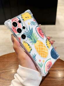 1 pieza Funda de teléfono suave, transparente, antideslizante y a prueba de caídas con elemento de fruta: piña, sandía, hoja y flor compatible con Samsung