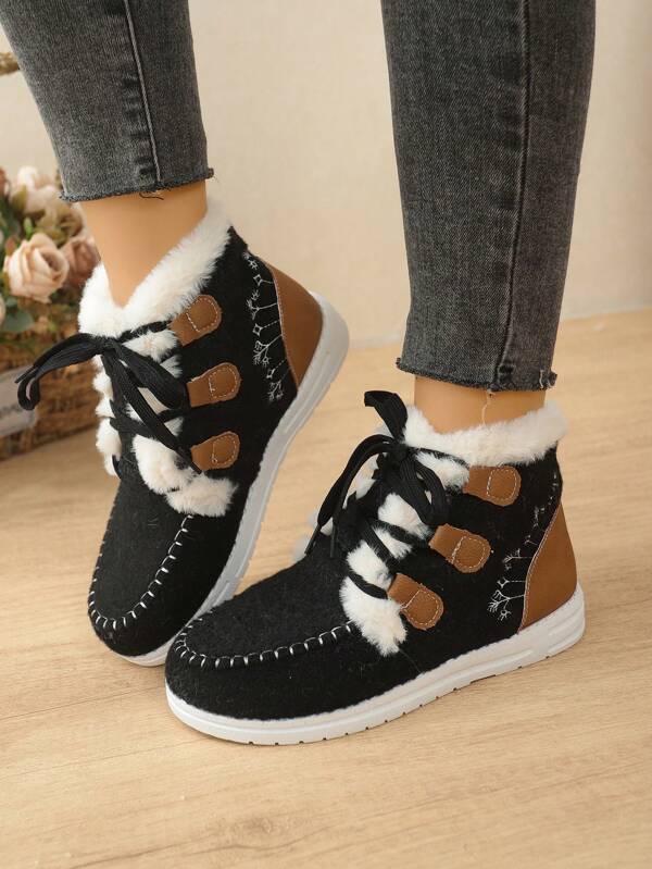 Women's Autumn/Winter Fuzzy Lace-Up Ankle Boots, Cute Stylish Color Blocking Short Snow Boots, Fashion Versatile Short Shaft Booties