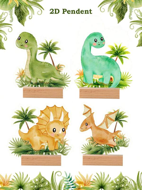 4 pièces Ornement acrylique en forme de dinosaure avec base en bois, cadeau favori pour anniversaire, baby shower, gender reveal party, décoration de bureau, de table, de maison