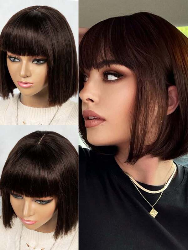 Peruca curta de cabelo humano de 10 polegadas, peruca bob de densidade 200% com franja para mulheres, cabelo liso brasileiro, peruca de renda 2x3, preta, peruca curta de cabelo humano feminino com franja