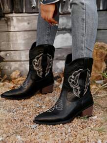 Pointed Toe Chunky Heel Embroidered Western Style Cowboy Boots, 2025 New Arrival, Retro British Style All-Match Boots, Fashion Boots For Women