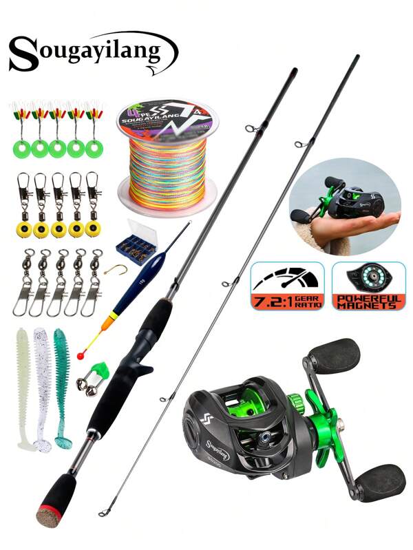 SOUGAYILANG 1.8M Baitcasting Fishing Rod & Reel Combo 2 Sections Glass Fiber Pole Comfortable EVA Handle And 7.2:1 Gear Ratio Reel With Aluminum Spool Fishing Set Fishing Line Fishing Tackle Accessories For Beginner Freshwater