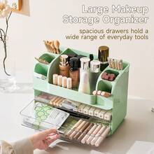 Makeup Organizer-Makeup Organizer Vanity With 2 Large Drawers, Cosmetic Display With Holders, Easy To Storage Bathroom Countertop Skincare, Desk Office Supplies, White - 綠色 - 查看 5