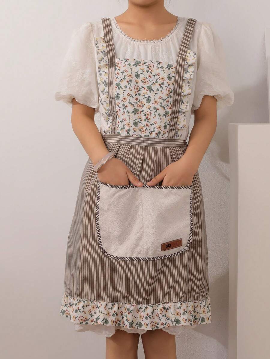 1 chiếc tạp dề không tay có túi in hoa nhỏ gọn, thời trang để nấu ăn/sử dụng trong bếp