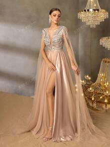 Faeriesty Faeriesty Luxurious Beaded Sequin Evening Gown – Plunging V-Neck With Bold Crystal Beading & Sheer Tulle Cape, Fluid A-Line Silhouette For Red Carpet Galas, Prom & Black Tie Affairs